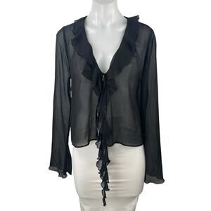 Zara Women's Black Plunge V-neck Ruffle Collar Long Sleeve Sheer Blouse Top Sz M